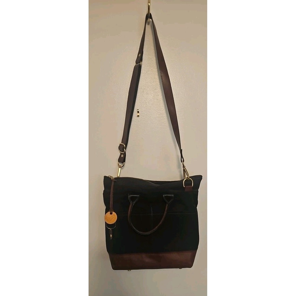 R. Riveter Otto Signature Black Canvas Brown Leather Iconic Bag Crossbody Strap